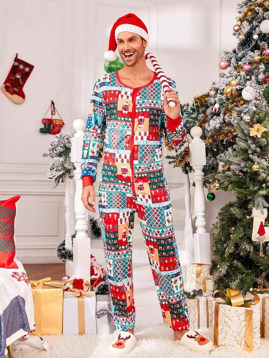 Men Christmas Print Zip up Sleep Jumpsuit for Christmas Bamboo Adult Pajamas Women Jumpsuits Kid Cotton Pajama