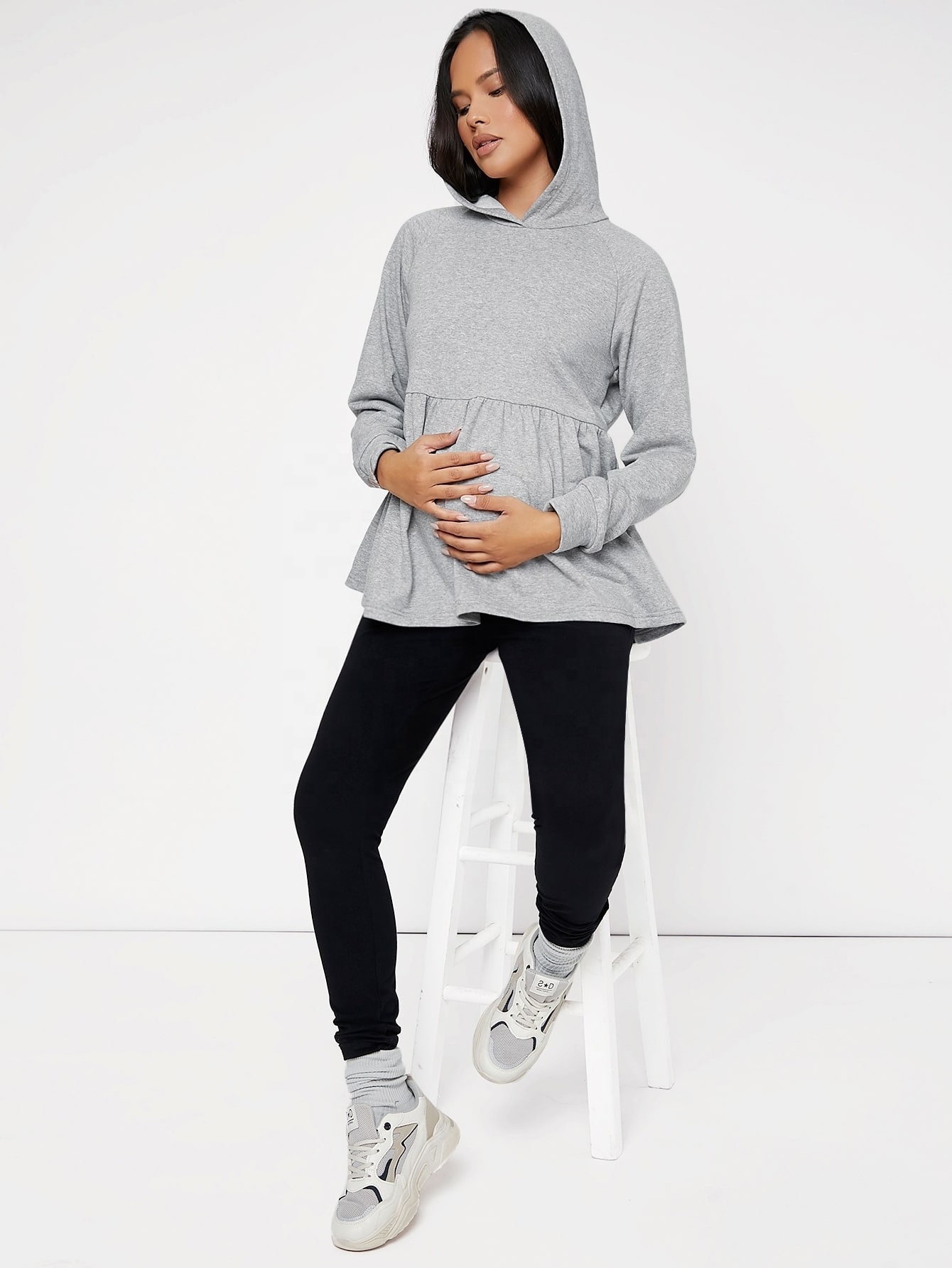 Maternity Nursing Marled Raglan Sleeve Peplum Cotton Hoodies Eco Friendly Bamboo Clothes Oversize Loungewear