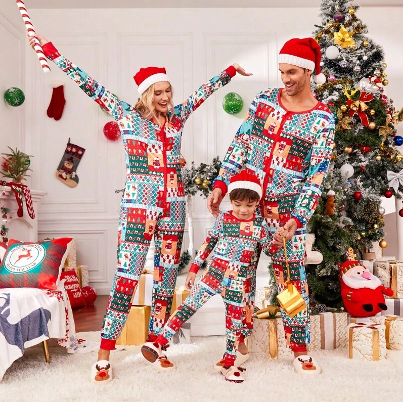 Men Christmas Print Zip up Sleep Jumpsuit for Christmas Bamboo Adult Pajamas Women Jumpsuits Kid Cotton Pajama