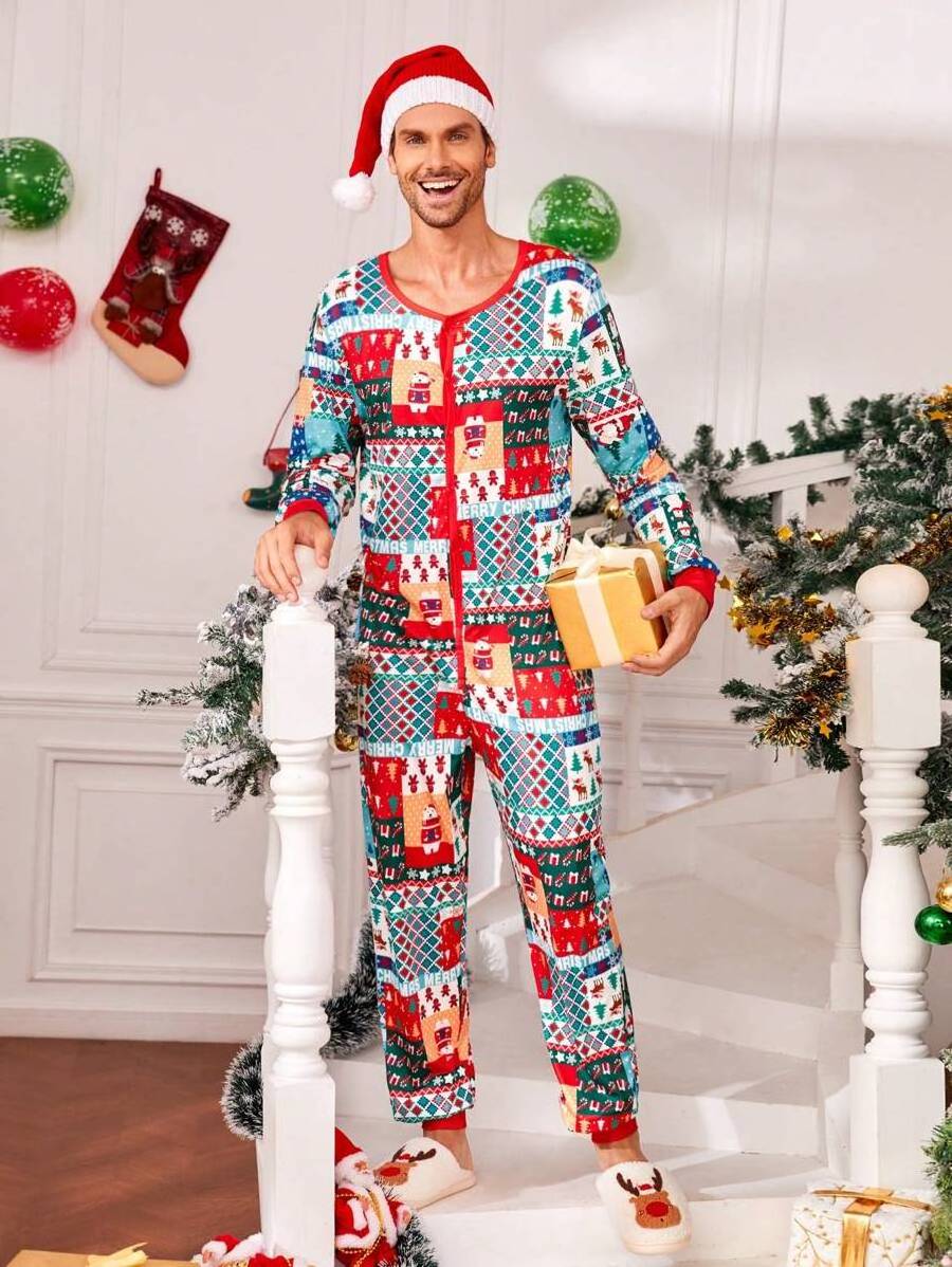 Men Christmas Print Zip up Sleep Jumpsuit for Christmas Bamboo Adult Pajamas Women Jumpsuits Kid Cotton Pajama