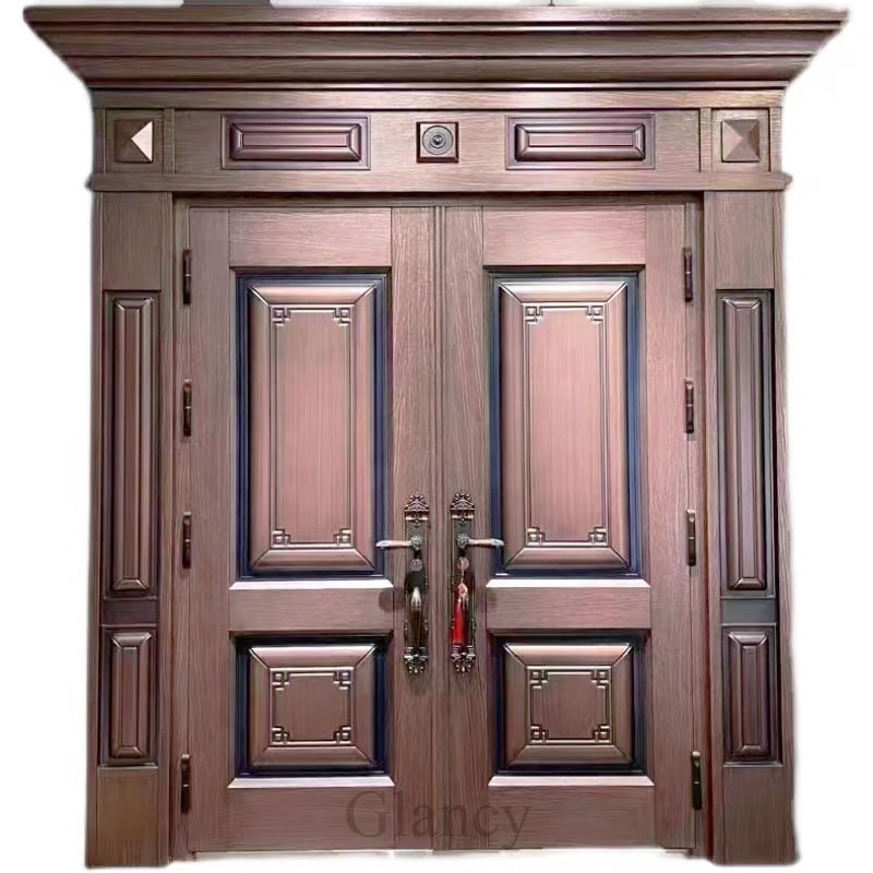 Luxury Cast Aluminum Gold Security Exterior Front Villa Double Steel Door With Black Frame