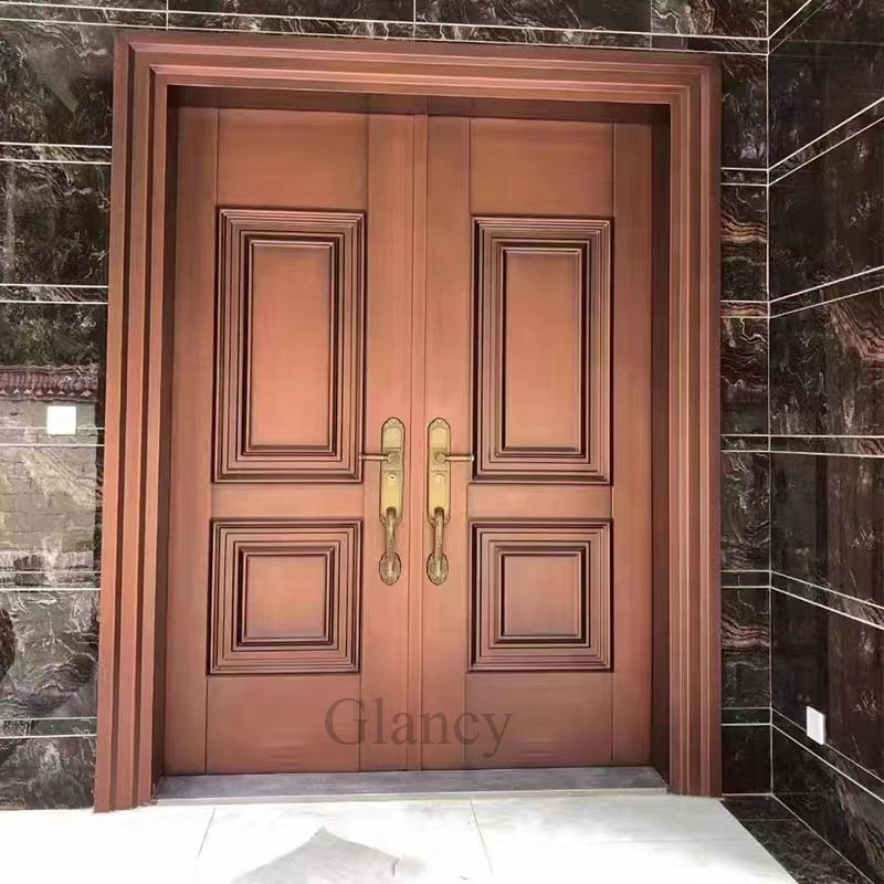 Luxury Cast Aluminum Gold Security Exterior Front Villa Double Steel Door With Black Frame