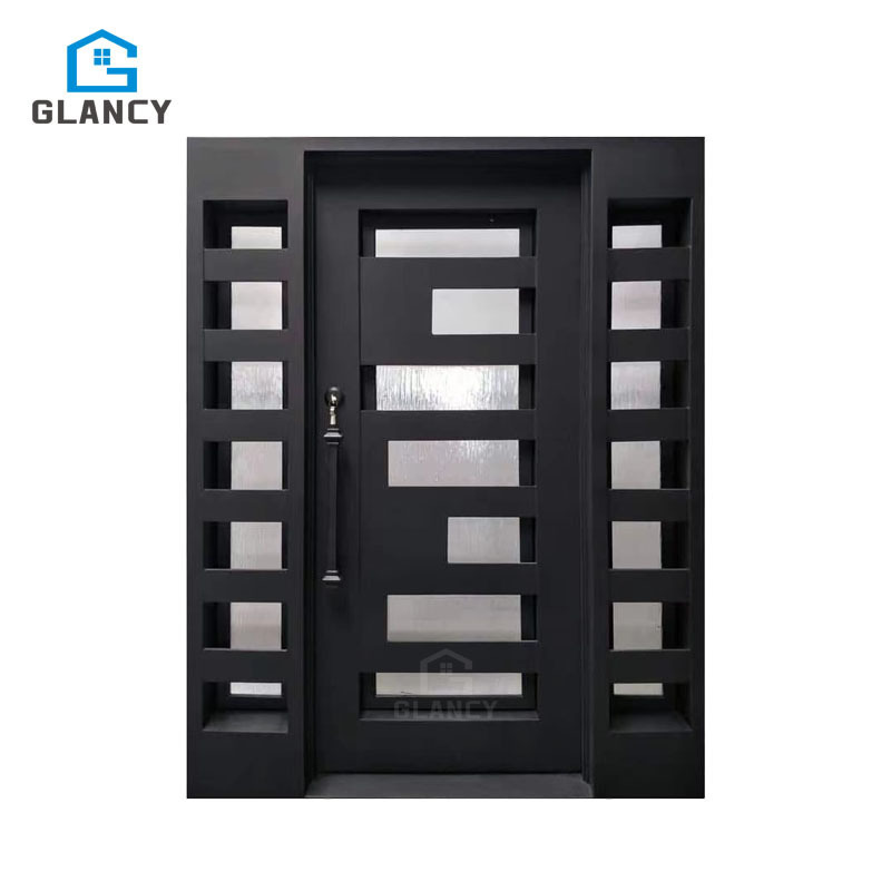 Front Entry Sapele Solid Wood Glass Panels Pivot Door With Fixed Door Design