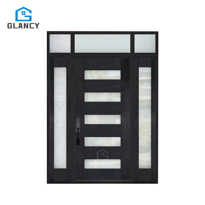 Front Entry Sapele Solid Wood Glass Panels Pivot Door With Fixed Door Design