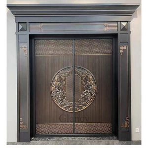 Luxury Cast Aluminum Gold Security Exterior Front Villa Double Steel Door With Black Frame