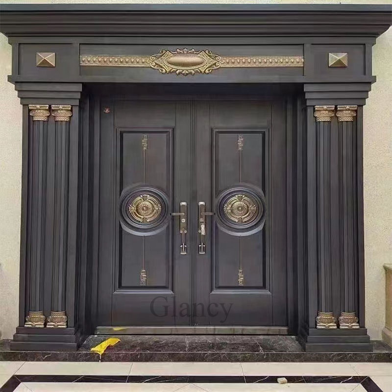 Luxury Cast Aluminum Gold Security Exterior Front Villa Double Steel Door With Black Frame