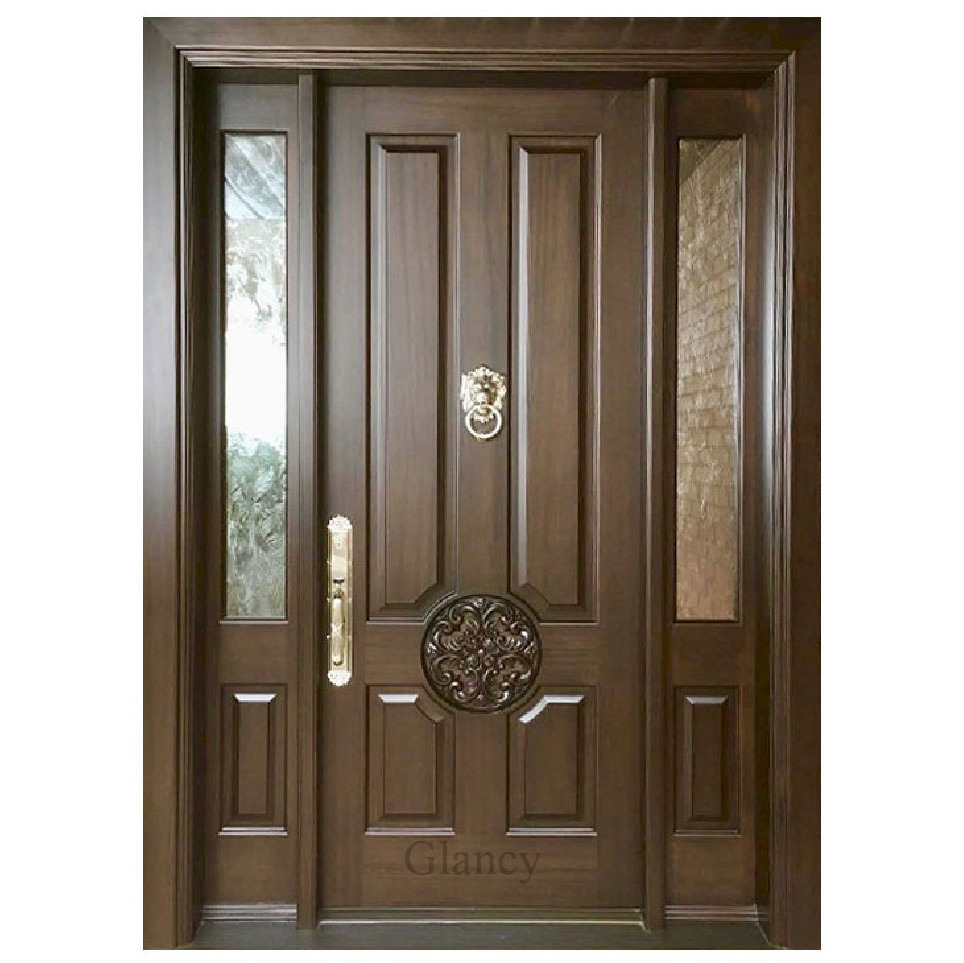 Double Modern Front Style Interior Wood Door High Entrance Entry Glass Solid Teak Wooden Door