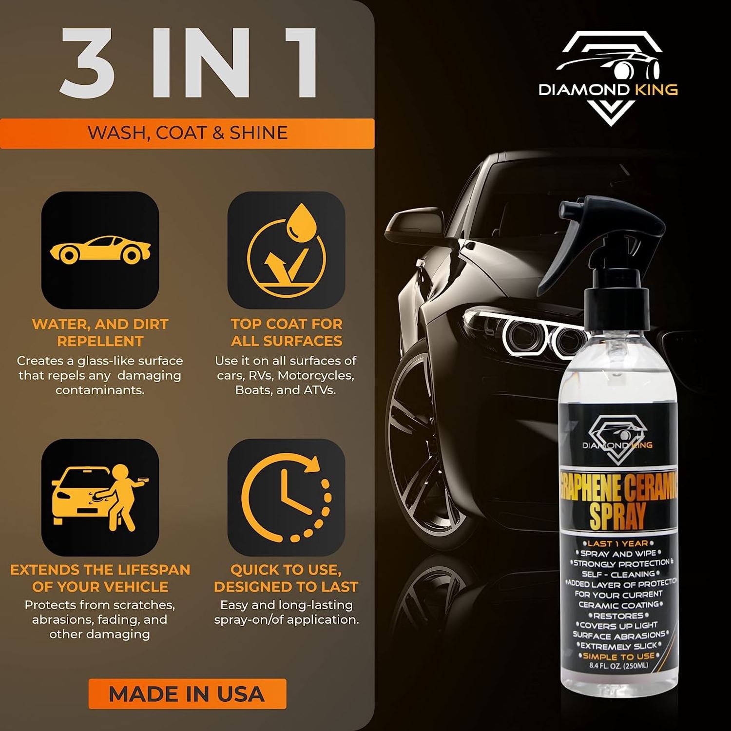 High shine effect  Graphene Ceramic Car Coating - Nano Ceramic Coating for Cars - Car Detailing, Hydrophobic Top Coat