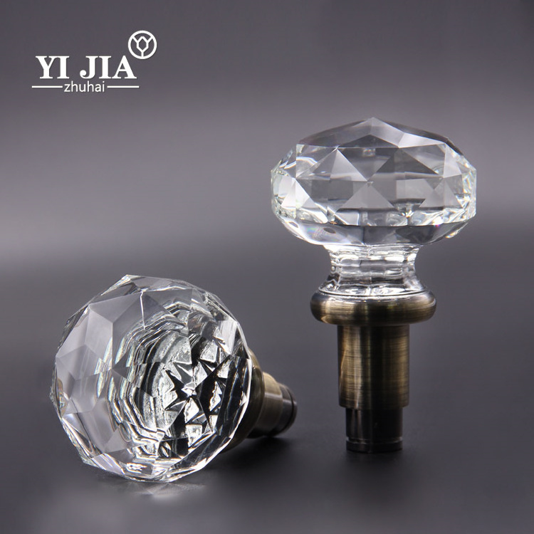 Clear Diamond Cut Crystal Bedroom Door Knob With Antique Brass