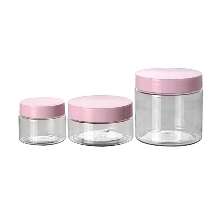 China Factory Wide Mouth 2-8oz Pet Plastic Cream Packaging Cosmetic Jar Sets for Skincare with Pink Smooth Screw Lids