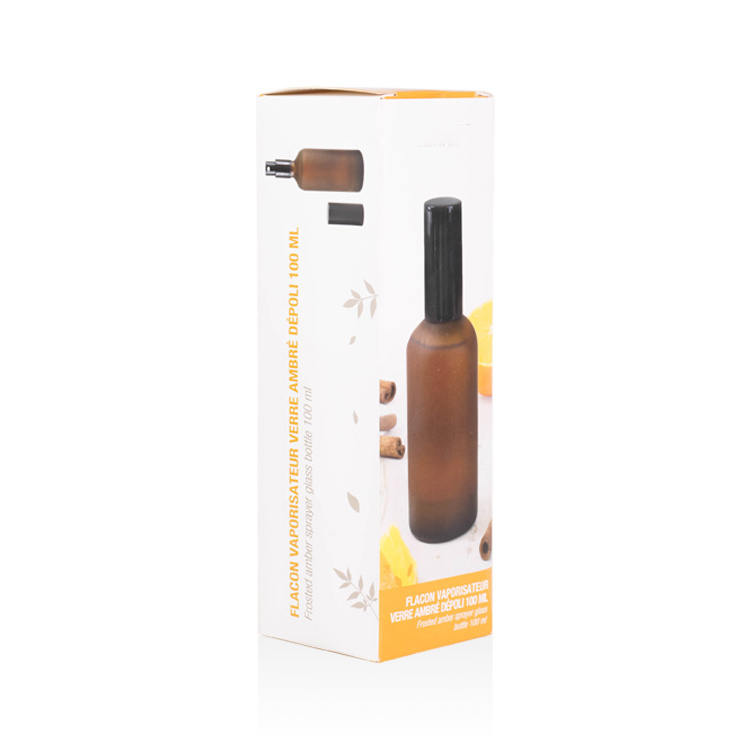 Frosted amber standard essential oil glass spray bottles with black sprayer cap 30ml 50ml 100ml Matching customized paper box