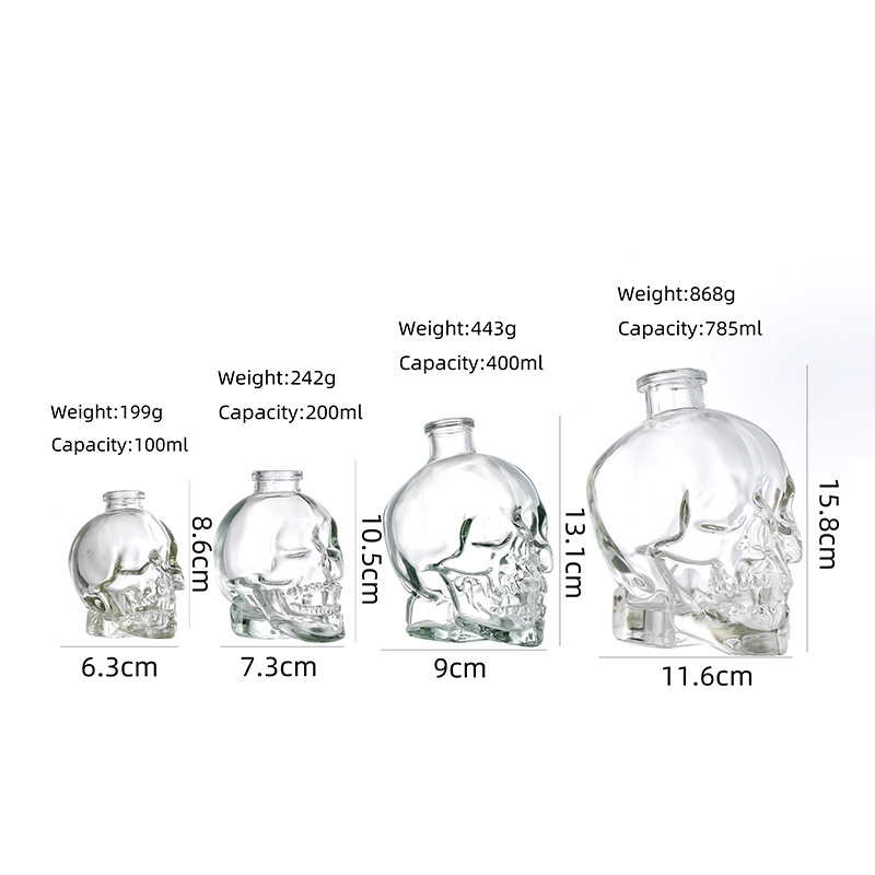 New 80 ml 150ml 200ml 350ml Skull Decanter Lead-free Glass Skull Prop Bottle Whiskey Bottle With Cork Stopper