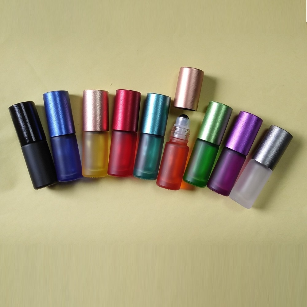 Hot Sale 5ml Rainbow Matt Colored Roll On Bottle Frosted Glass Bottle With Steel Glass Roller And Brushed Aluminum Cap