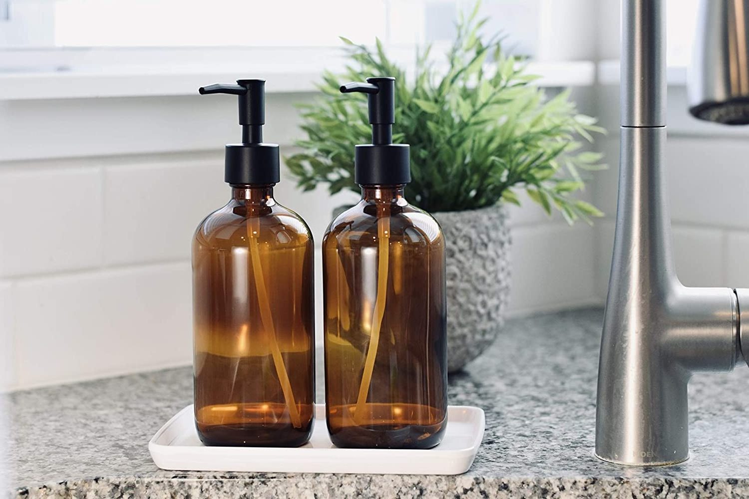 Glass Soap Dispenser with Pump 16oz Bottle Set of 2 and Melamine Tray. Large Refillable Amber Soap Dispenser Bottles