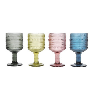 10oz 16oz Embossed Design Colored Glass Goblet Vintage Colored yellow Wine Glass Goblet Wine Glasses For Juice Drinking