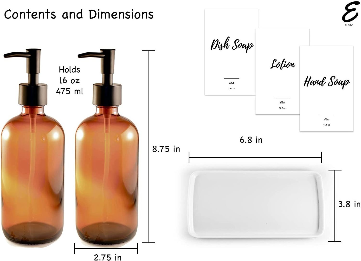 Glass Soap Dispenser with Pump 16oz Bottle Set of 2 and Melamine Tray. Large Refillable Amber Soap Dispenser Bottles