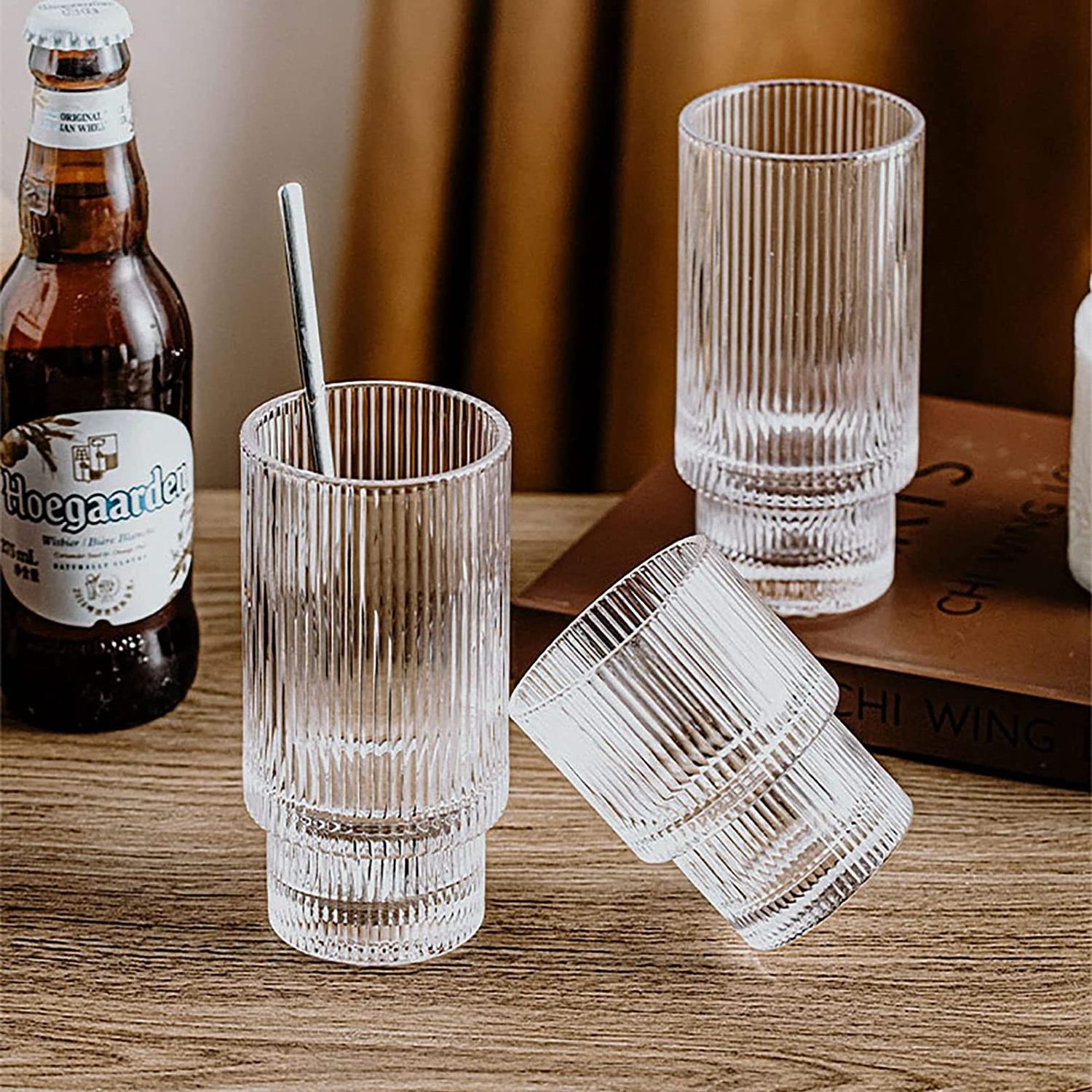 Glass Cups Sef of 2, Ribbed Glassware Stackable Fluted Vintage Transparent Cocktail Glasses, for Iced Coffee,Juice,Water,Bar