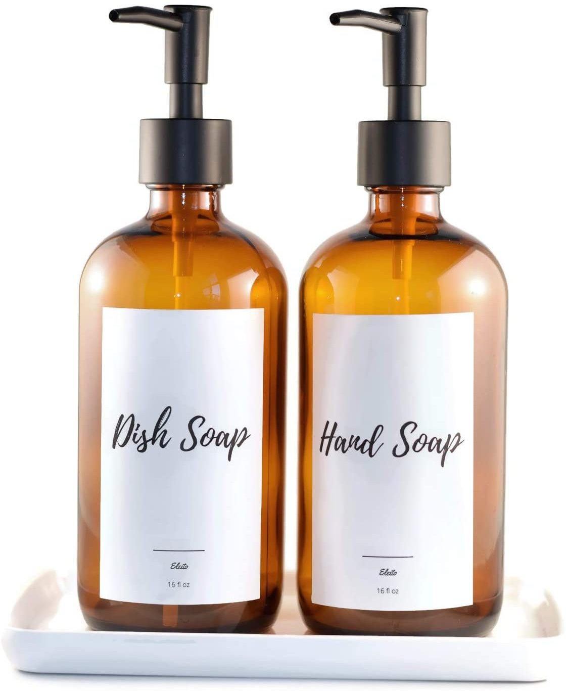 Glass Soap Dispenser with Pump 16oz Bottle Set of 2 and Melamine Tray. Large Refillable Amber Soap Dispenser Bottles