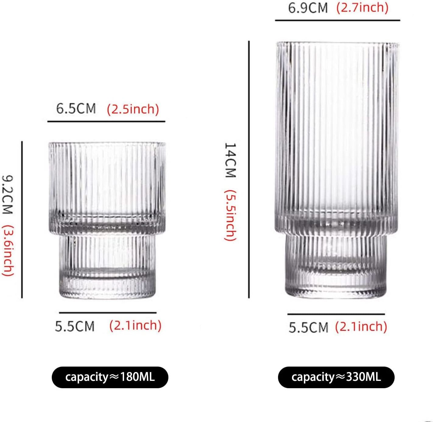 Glass Cups Sef of 2, Ribbed Glassware Stackable Fluted Vintage Transparent Cocktail Glasses, for Iced Coffee,Juice,Water,Bar