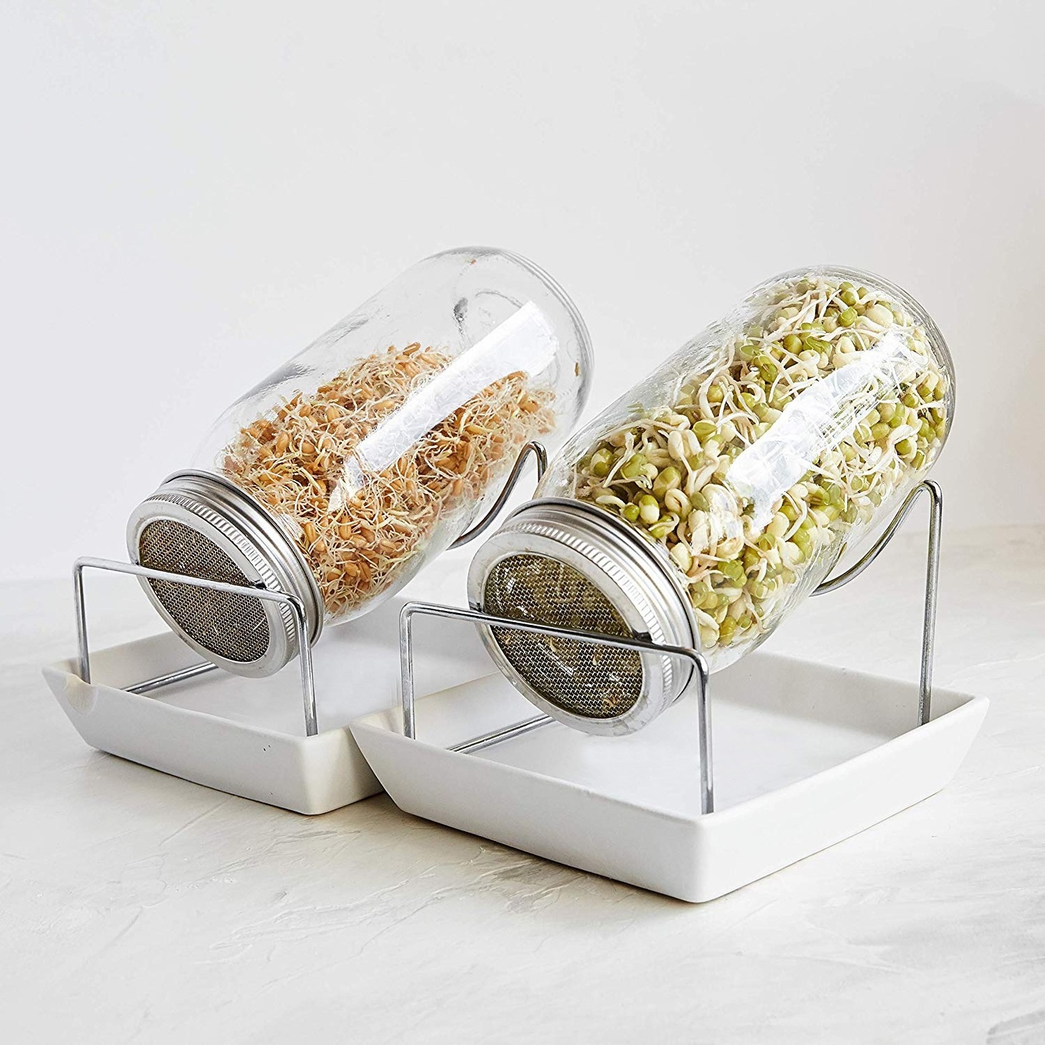 Custom 32oz Wide Mouth Mason Sprouting Jar with Stainless Steel Sprouting Lid and Hanging Metal Stand