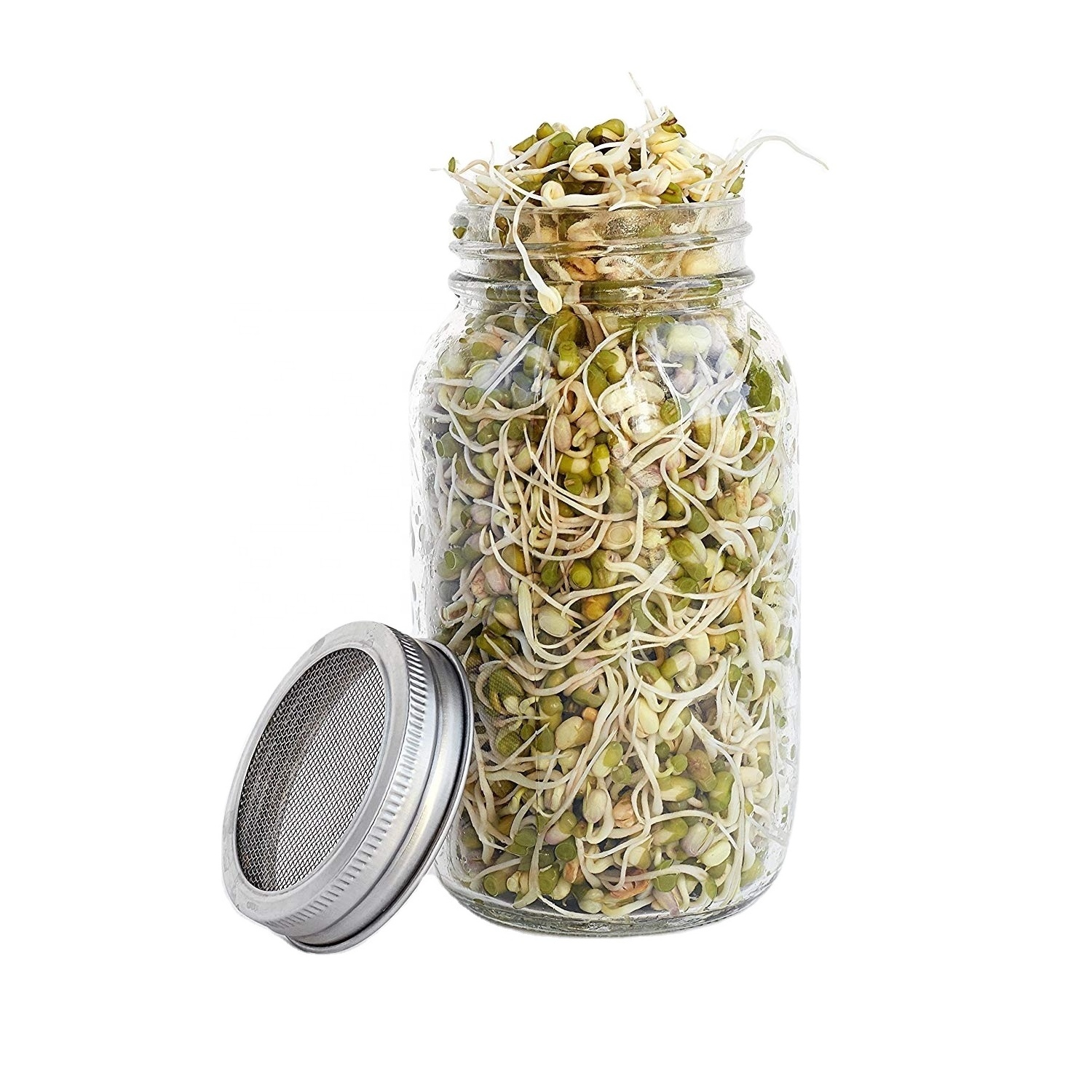 Custom 32oz Wide Mouth Mason Sprouting Jar with Stainless Steel Sprouting Lid and Hanging Metal Stand