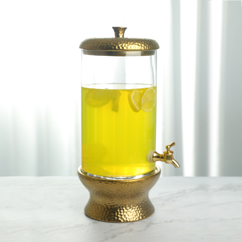 Hot selling 1.5 gallon large capacity glass jar  beverage dispensers with gold ceramic lid and base for party