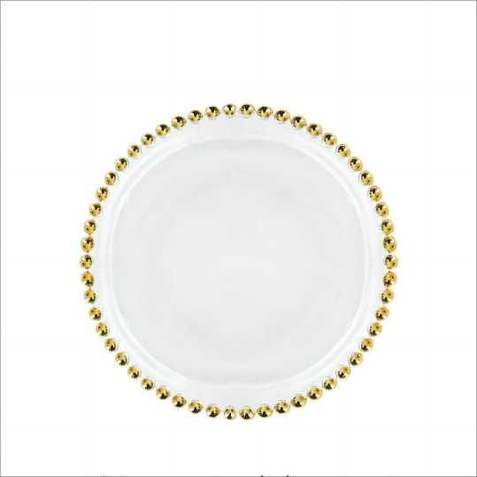 13 Inch Round Beaded Clear Glass Charger Plates with Gold Rims Wedding Dinnerwares