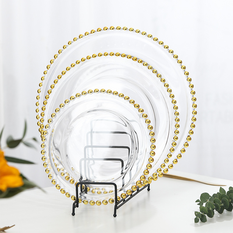 13 Inch Round Beaded Clear Glass Charger Plates with Gold Rims Wedding Dinnerwares