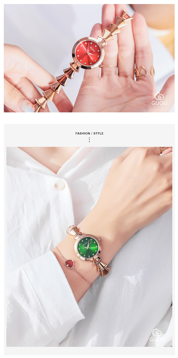 GUOU Innovative Candy Color Round Diamond Illuminated Pointer Simple Japanese Quartz Movement Bracelet Women Watch Fashionable