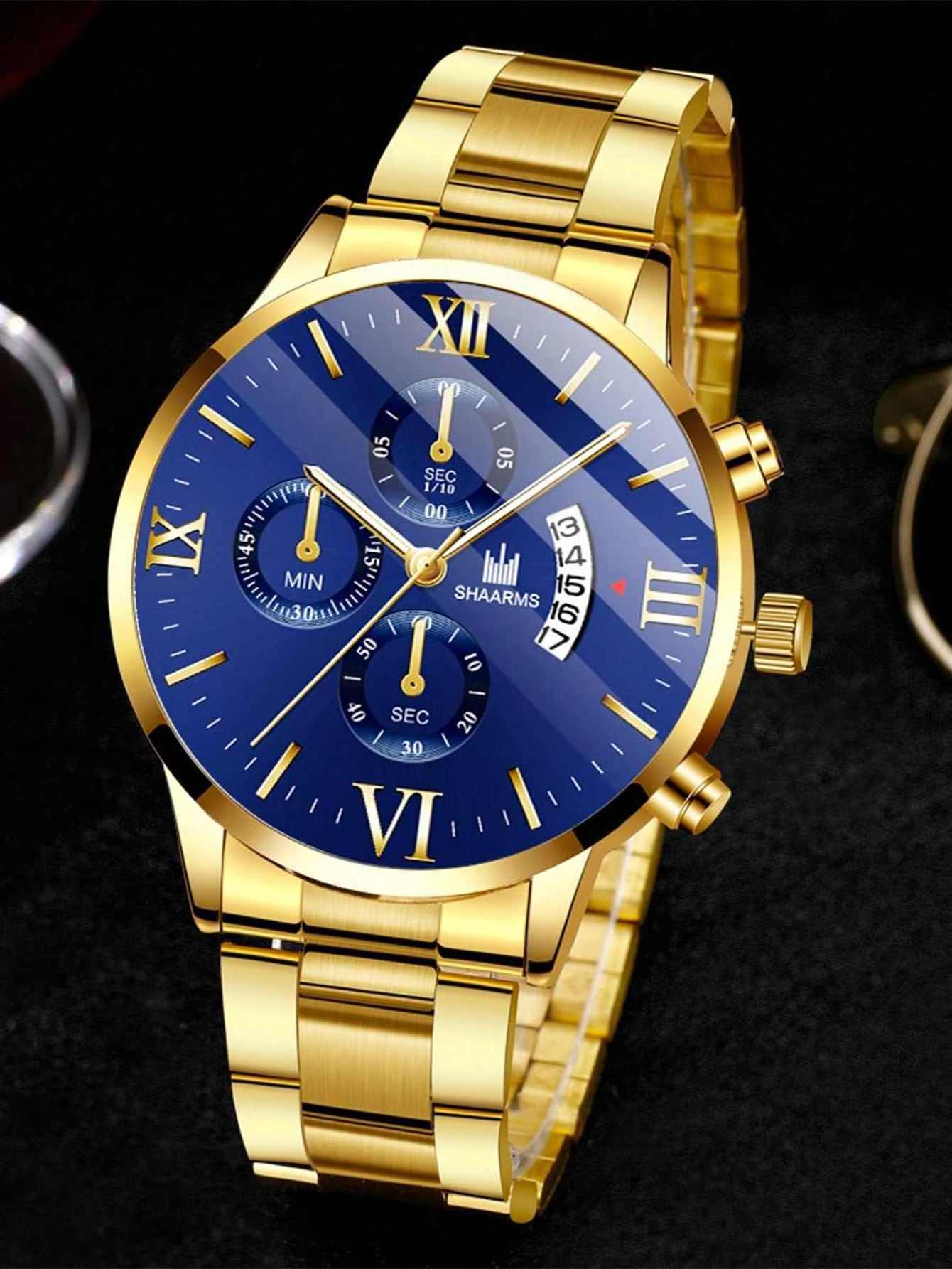 Popular Rome Face Quartz Watch For Men Date Gold 2pcs Stainless Steel Luxury Watches Men & Bracelet