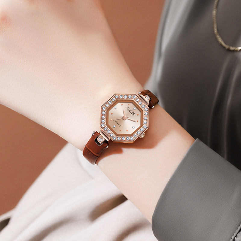 OEM ODM Luxury and High-end Women's Watch New Diamond Octagonal Watch Women's Leather Watch