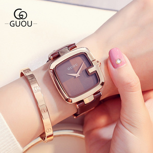 GUOU 8190 Hot Selling Square Rose Gold Japanese Quartz Movement High Quality Leather Women Bracelet Watch Simple Elegant