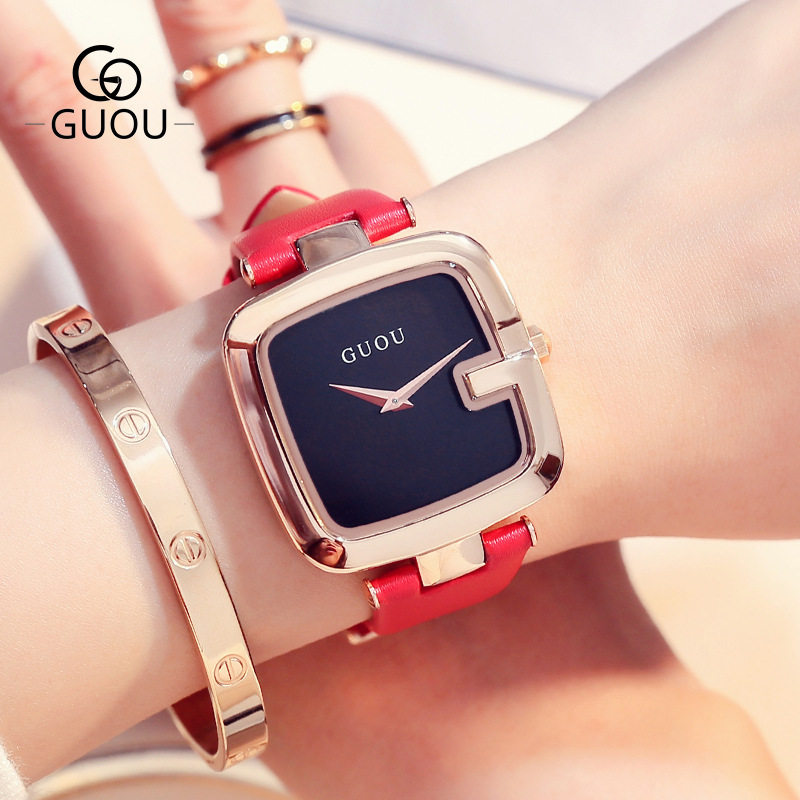 GUOU 8190 Hot Selling Square Rose Gold Japanese Quartz Movement High Quality Leather Women Bracelet Watch Simple Elegant