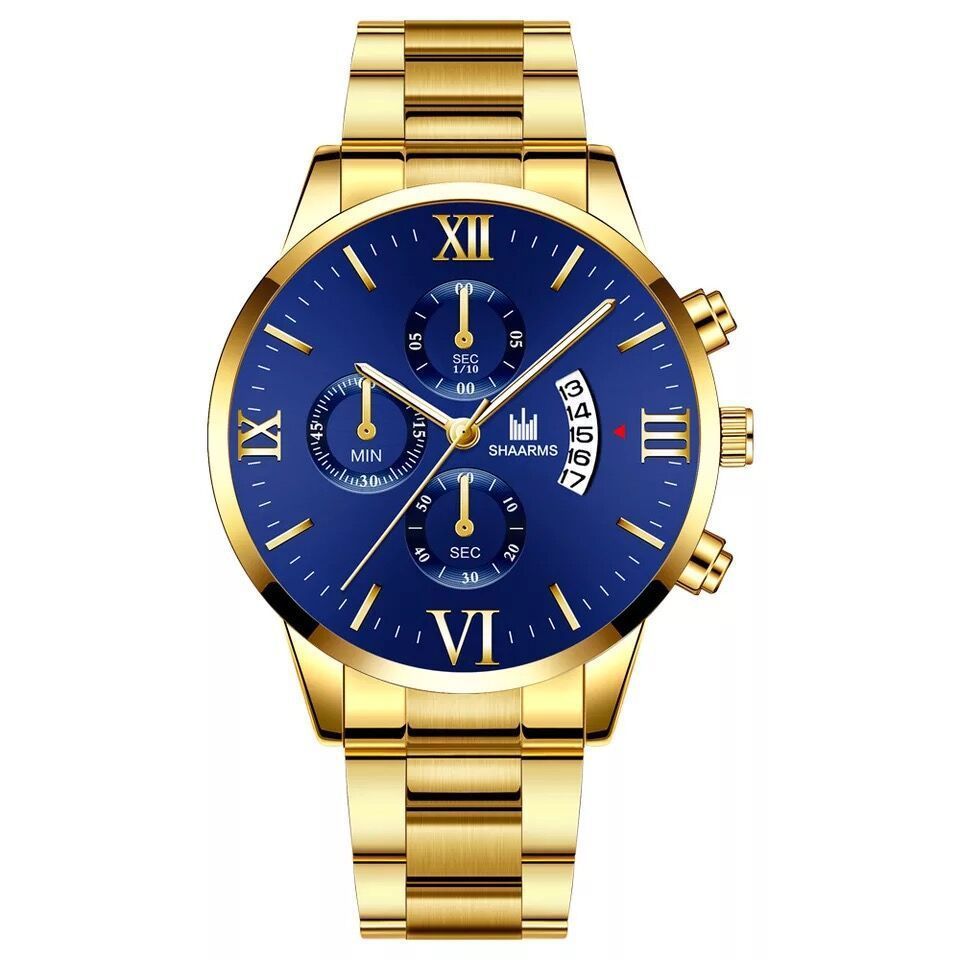 Popular Rome Face Quartz Watch For Men Date Gold 2pcs Stainless Steel Luxury Watches Men & Bracelet