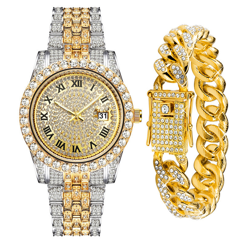 Men Wrist Luxury Watch Full Iced Out Cuban Link Chain Bracelet Set Bling Jewelry Sets For Men Hip Hop Watch For Men