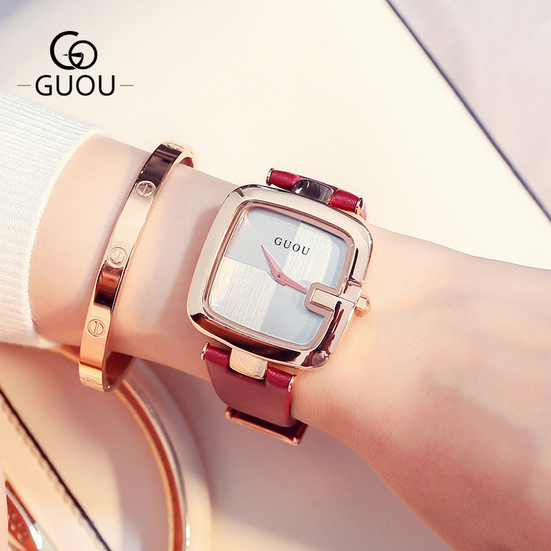 GUOU 8190 Hot Selling Square Rose Gold Japanese Quartz Movement High Quality Leather Women Bracelet Watch Simple Elegant