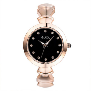 GUOU Innovative Candy Color Round Diamond Illuminated Pointer Simple Japanese Quartz Movement Bracelet Women Watch Fashionable