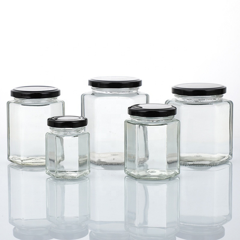 Factory price 100ml 280ml 730ml glass jars for pickles hexagonal transparent glass storage jar Honey Jam glass pickle jar