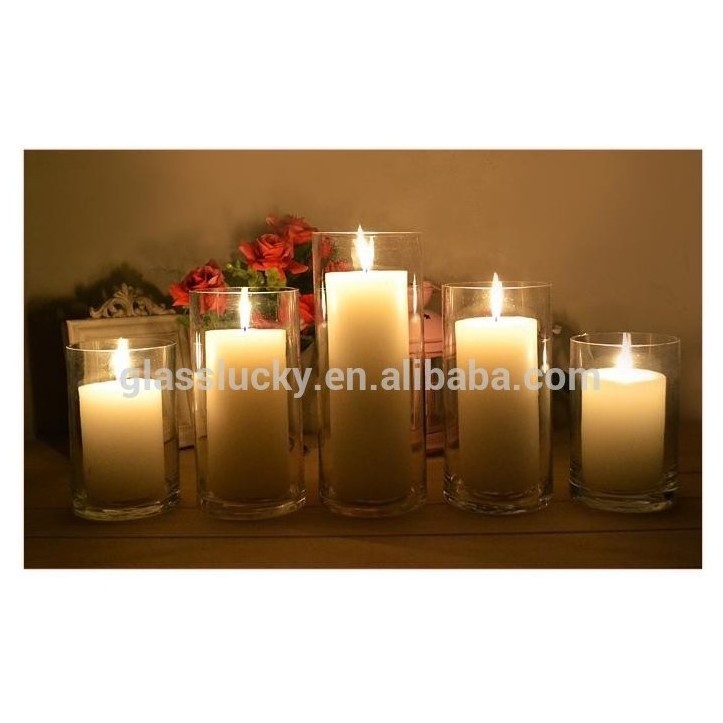 Hand blown simple round clear cylinder tall glass candle holders