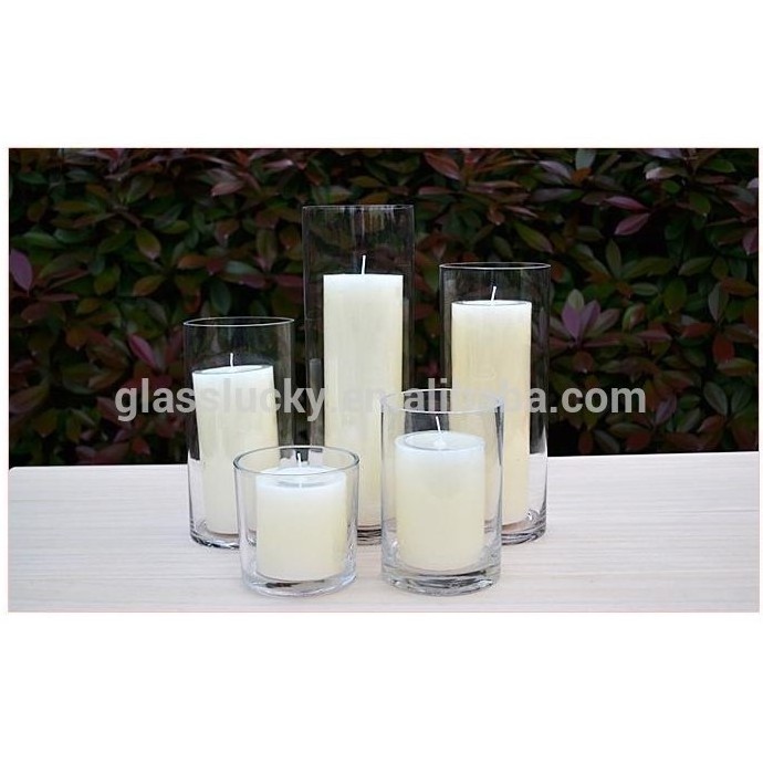 Hand blown simple round clear cylinder tall glass candle holders