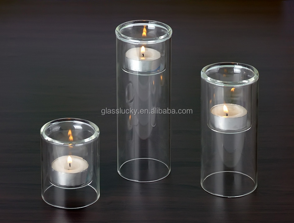 Hand blown simple round clear cylinder tall glass candle holders