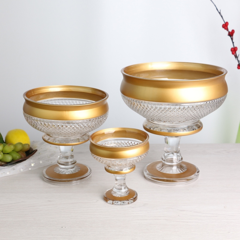 Mideast Style Lead Free Crystal Rhombus Embossed Clear Bohemia Glass Bowl Set with Gold Rim