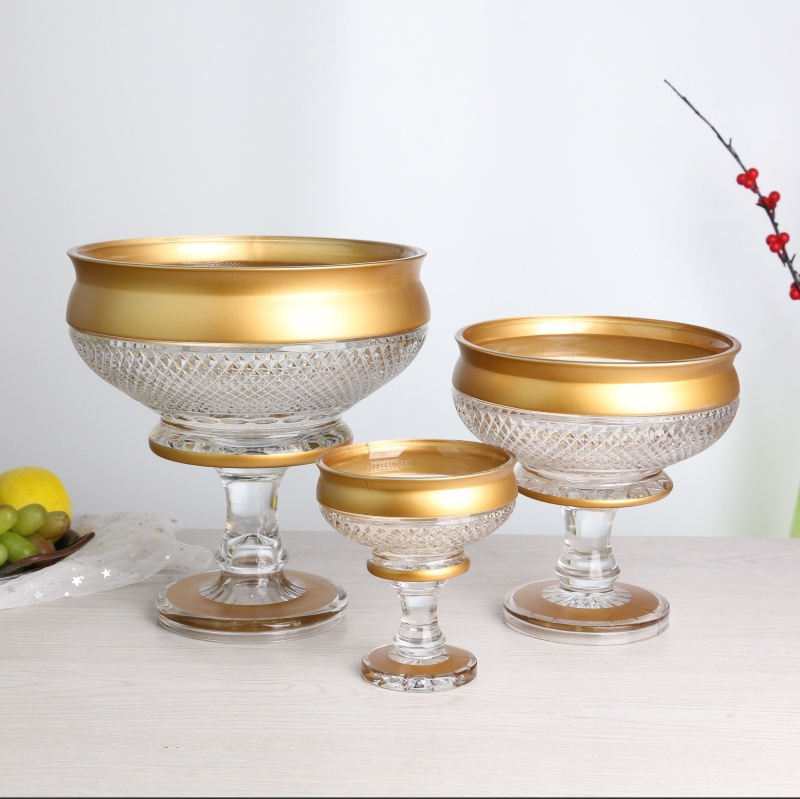 Mideast Style Lead Free Crystal Rhombus Embossed Clear Bohemia Glass Bowl Set with Gold Rim