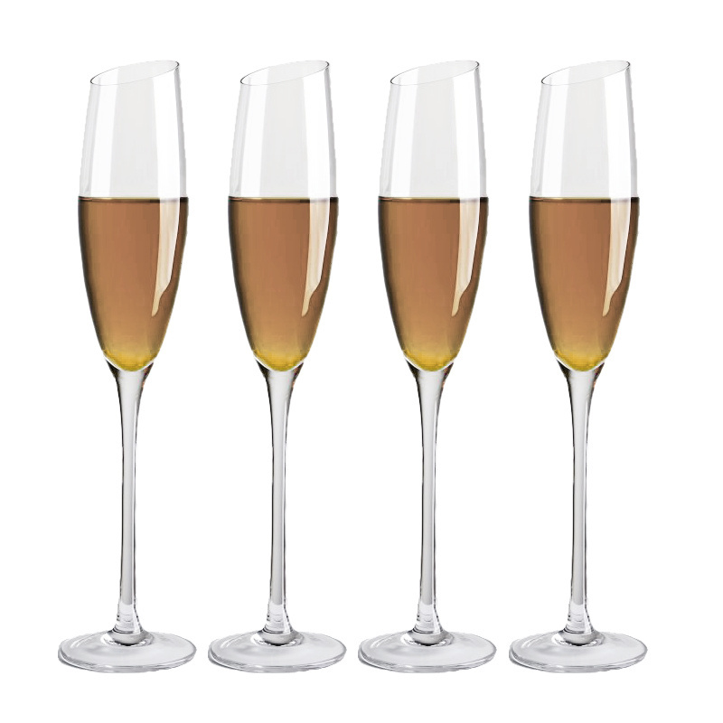 wholesale luxury clear glasses hand blown long stem slanted champagne flutes wine glasses set goblets