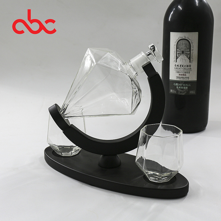 1000ml 33oz Hand Mad Alcohol Vodka Bourbon Rum Wine Tequila Glass Diamond Whiskey Bottle with Wooden Base Stand