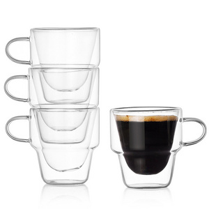 Customized Borosilicate Stackable Double Wall Glass Drinking Cup Coffee Mug