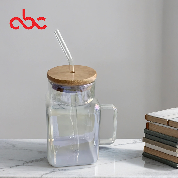 Glass With Handle Square Shape Bamboo Lid Laser Milk Tea Cup Colorful Cup With Handle Fruit Tea Straw Mug