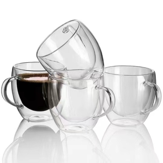 Factory wholesale Clear Borosilicate Glass Handgrip Tea Coffee Cup Espresso Mugs Double Wall Glass Cup With Bamboo Lid