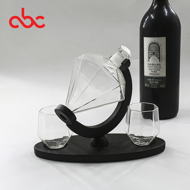 1000ml 33oz Hand Mad Alcohol Vodka Bourbon Rum Wine Tequila Glass Diamond Whiskey Bottle with Wooden Base Stand