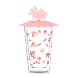 Romantic Pink Sakura Printing Design Borosilicate Double Wall Glass Drinking Cup with Lid